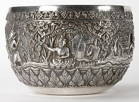 Fine Burmese Ceremonial Repousse Silver Bowl, c. 1900.