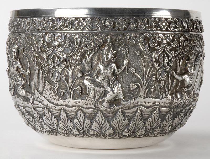 Fine Burmese Ceremonial Repousse Silver Bowl, c. 1900.
