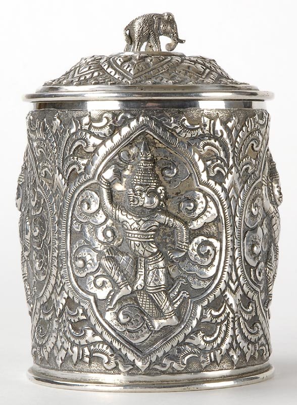 Old Burmese Repousse Silver Box, c. 1920.
