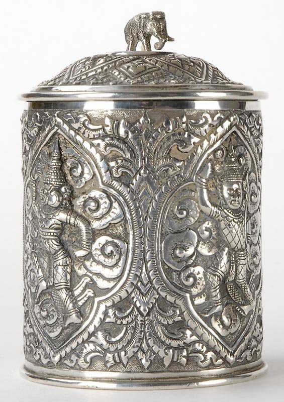 Old Burmese Repousse Silver Box, c. 1920.