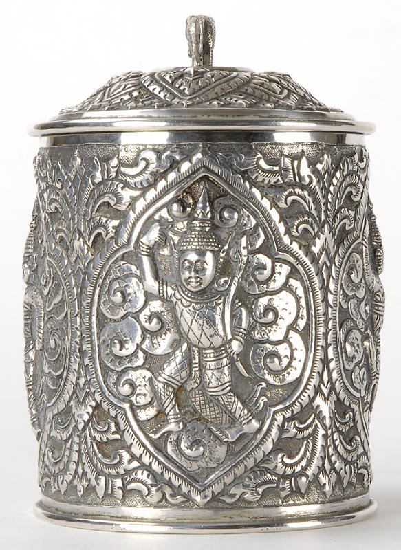Old Burmese Repousse Silver Box, c. 1920.