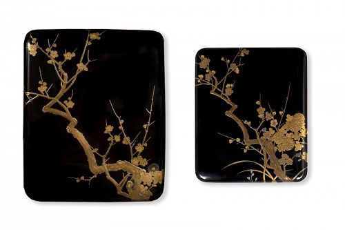 Japanese lacquer writing set suzuribako and ryoshibako cherry blossoms