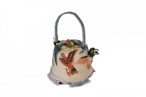 Japanese banko pottery teapot with birds - Hori Tomonao 堀友直