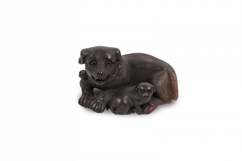 Wooden netsuke dog and puppy signed Tomokazu 友一