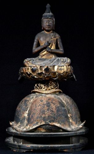 Wooden Dai-Nichi Nyorai Buddha Lotus-Leaf Plinth Early/mid-Edo ca 1700