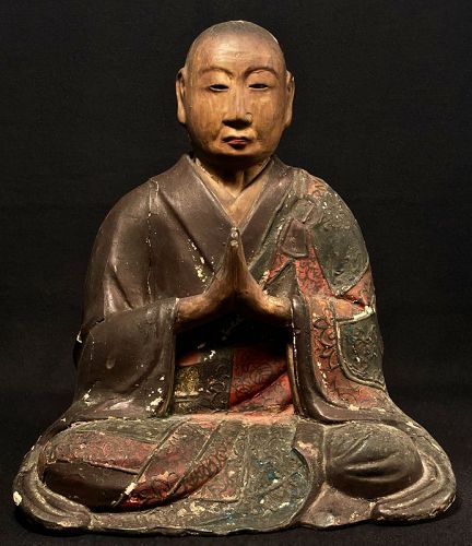 Polychromed-Wood Monk Chinso Portrait Sculpture Momoyama~Early-Edo