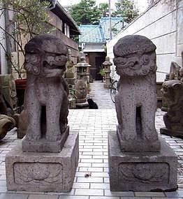 Stone Koma-Inu Pair Jizo Buddha Dated Meiji 37 (1904)