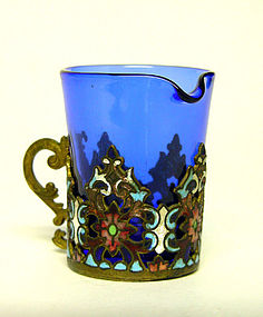 Miniature Cobalt Blue Pitcher with Enamel Holder