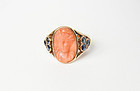 Victorian Hand Carved Sapphire & Coral Cameo Ring