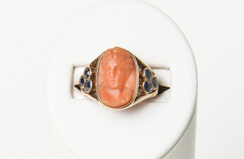 Victorian Hand Carved Sapphire &amp; Coral Cameo Ring