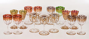 15 Antique Moser Gilt Enamel Crystal Cordial Glasses