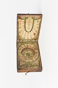 Antique Fruitwood and Paper Diptych Pocket Sundial