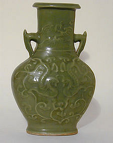 A Chinese Celedon Vase With Handles, 
Song