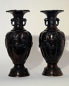 Pair Of Japanese Bronze Vases, Meiji 
Period