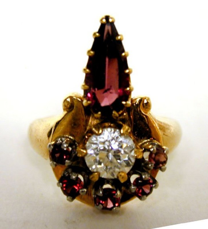 A Retro Style 14k Gold,diamond And 
garnet Ring
