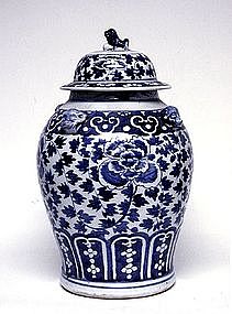 Chinese Export Blue And White Porcelain 
temple Jar