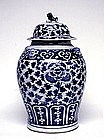 Chinese Export Blue And White Porcelain 
temple Jar