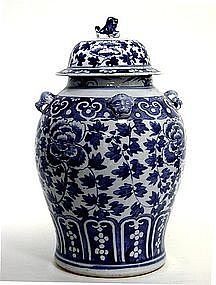 19th C Chinese Blue And White Porcelain Temple 
jar