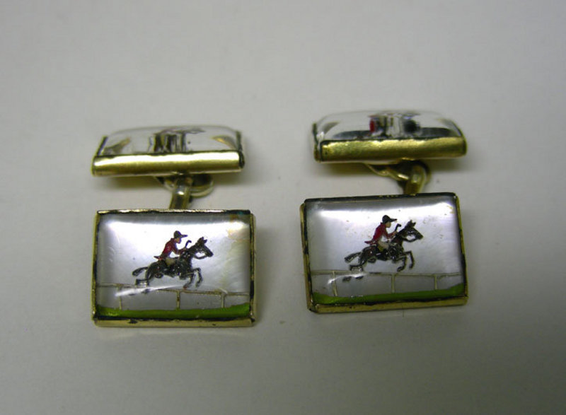 Vintage Reverse Painted Crystal 
equestrian Cuff Links