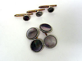 Vintage Mother Of Pearl & Silver Cufflinks And Stud Set