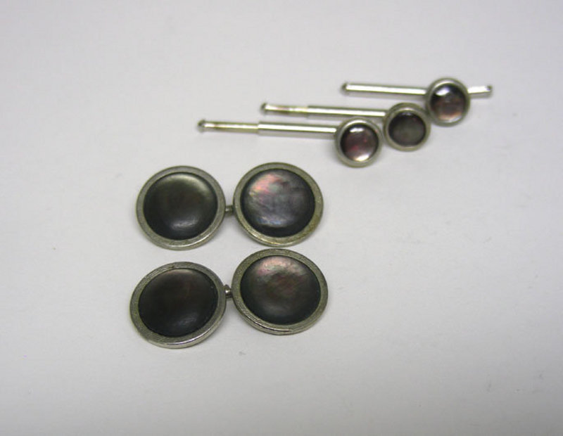 Vintage Abalone And Silver Cufflinks And 
stud Set