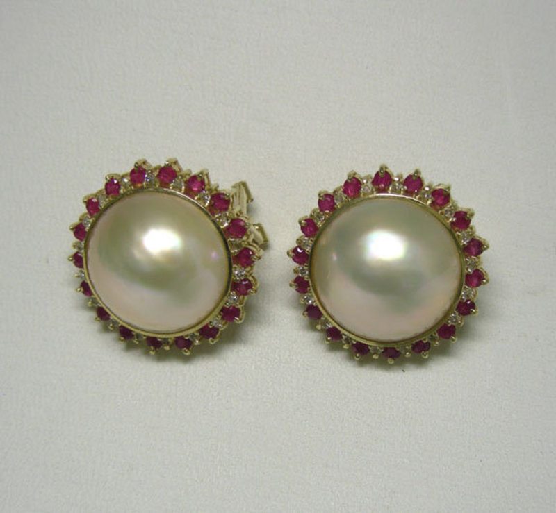 A Pair Of 14k Mabe Pearl, Ruby And Diamond 
Earrings