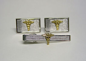 Vintage Silver Caduceus Symbol 
cufflinks & Tie Clip