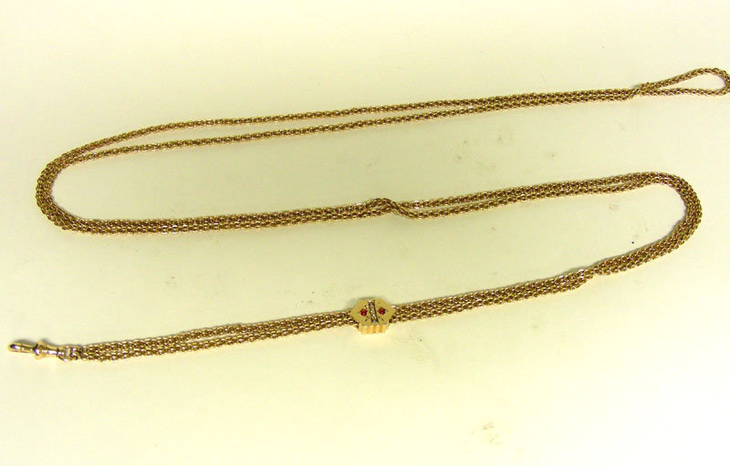 Victorian 14k Seed Pearl Garnet Watch slide Chain