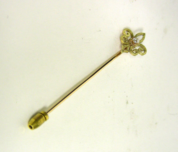 Victorian 14k Gold Fleur De Lys Diamond 
stick Pin