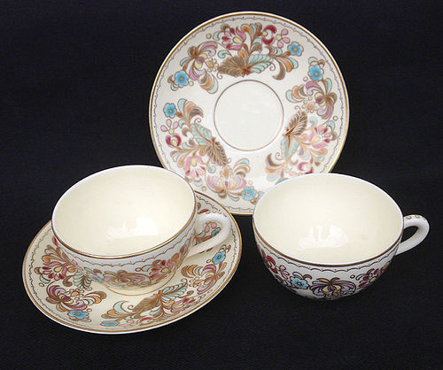 Zsolnay Pecs pair demitasse mocha cups and saucers