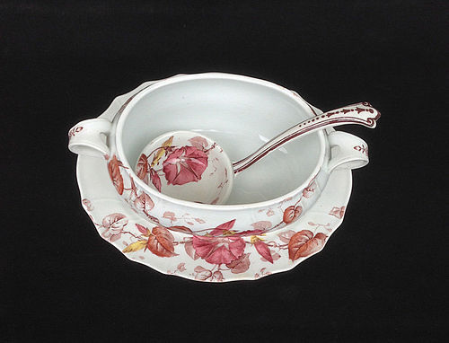 Staffordshire sauce bowl & ladle, the Morning Glory pattern, Victorian