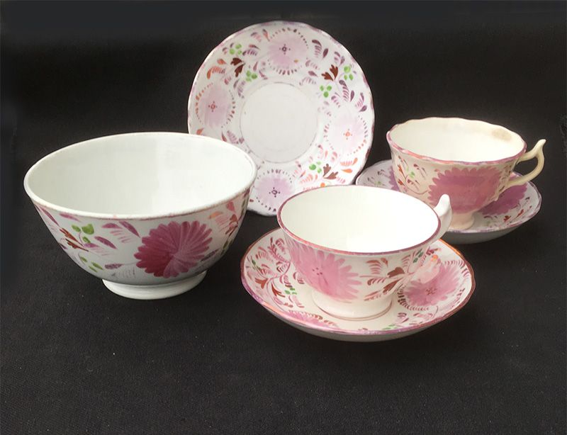Allerton, Staffordshire: pink luster Dahlia cups &amp; saucers &amp; slop bowl