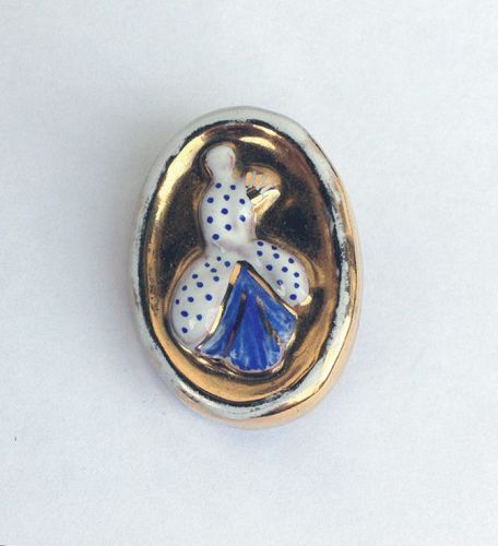 Rococo lady ceramic brooch, signed