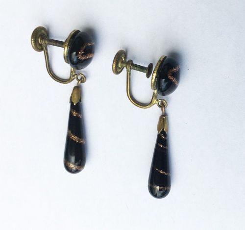 Aventurine glass swirl earrings, Bohemian, c 1900
