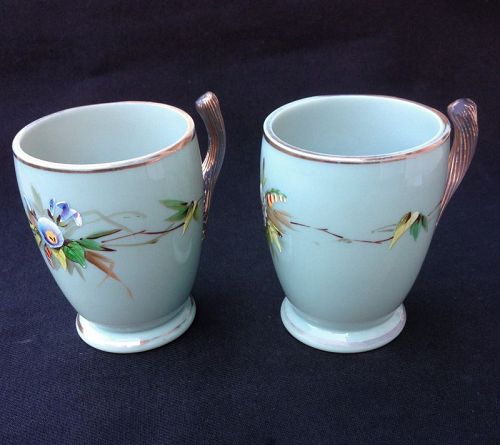Bohemian Harrach blue gray opaline cups with reeded handles