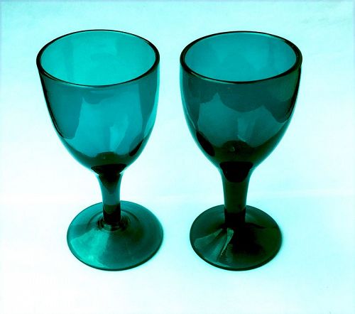 Pair of Bristol Peacock Blue wine glasses, Georgian