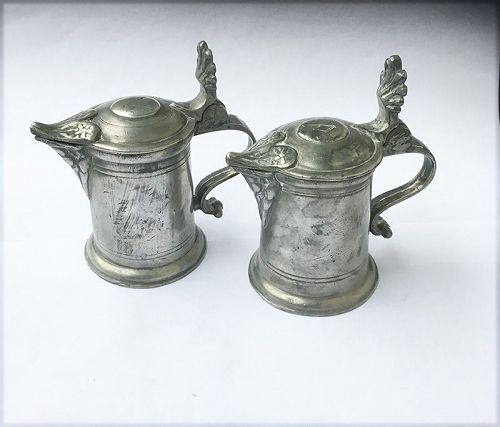 Pair of miniature pewter tankards /ewers, burettes, 19th c or earlier