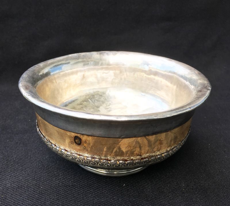 Tibetan burl wood and silver Tsampa bowl