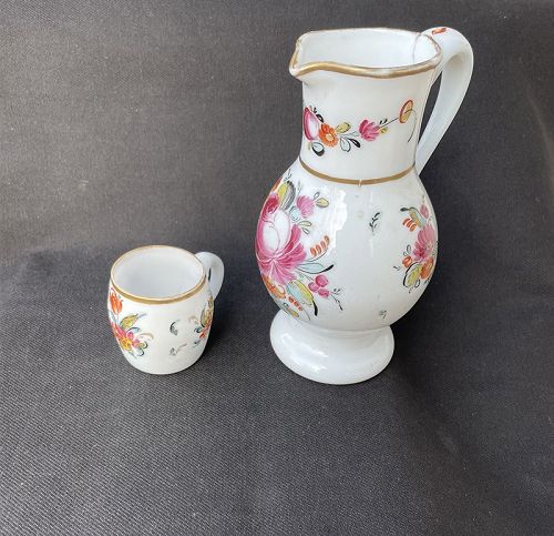 Bohemian Milk glass / Milchglas enameled pitcher and small mug, c 1800