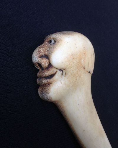 Staghorn walking stick with a grotesque head