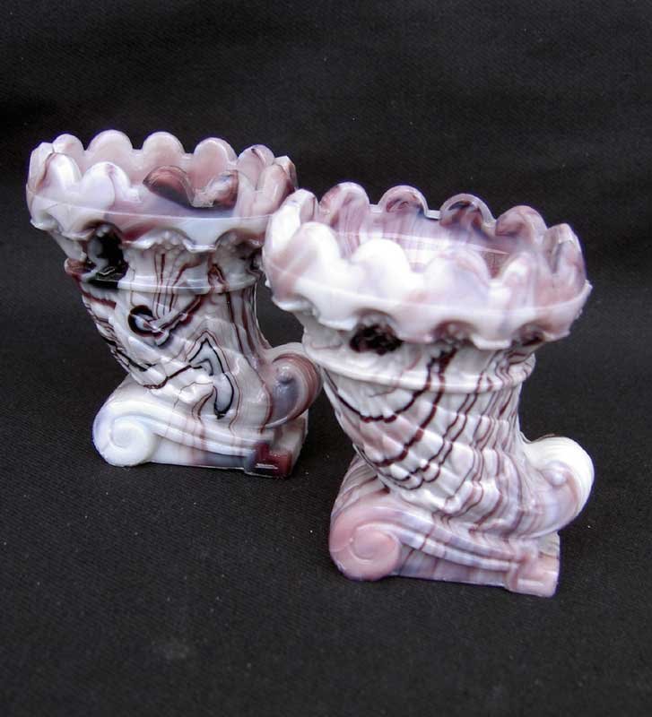English press moulded and marbled glass cornucopia vases