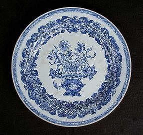 Chinese blue and white plate with a wreath and a flower basket