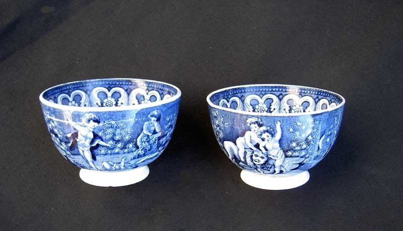 Pair of English blue &amp; white transfer printed tea bowls, Georgian