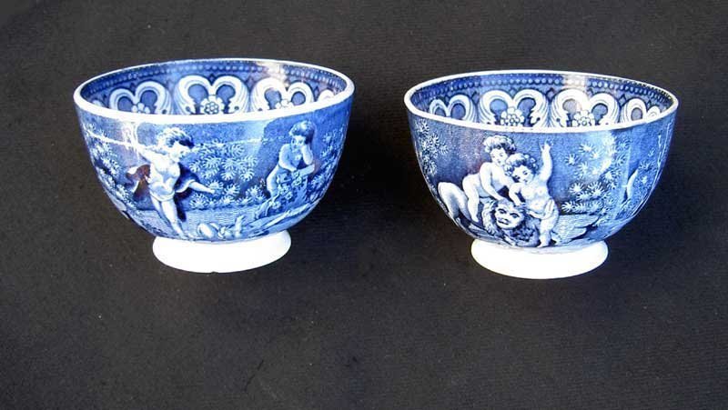 Pair of English blue &amp; white transfer printed tea bowls, Georgian