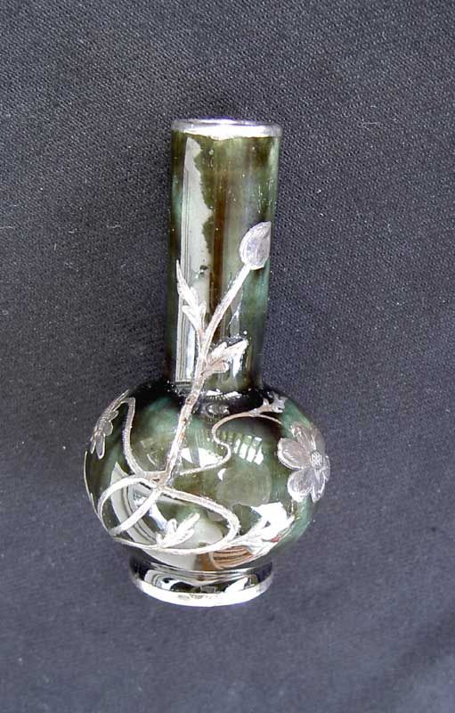 Silver overlay small pottery vase or perfume bottle, Art Nouveau