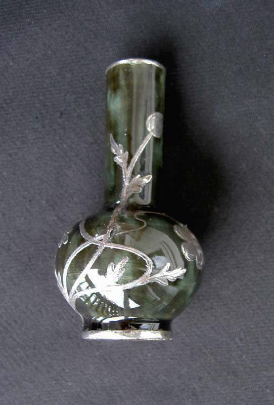 Silver overlay small pottery vase or perfume bottle, Art Nouveau