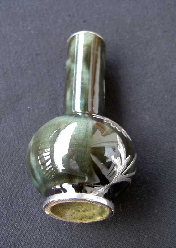 Silver overlay small pottery vase or perfume bottle, Art Nouveau