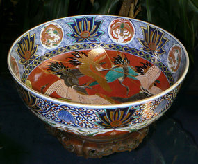 Large Japanese Imari Porcelain Bowl with Cranes