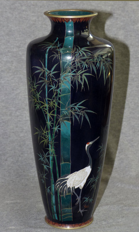 Fine Japanese Cloisonne Enamel Vase with Crane and Bamboo