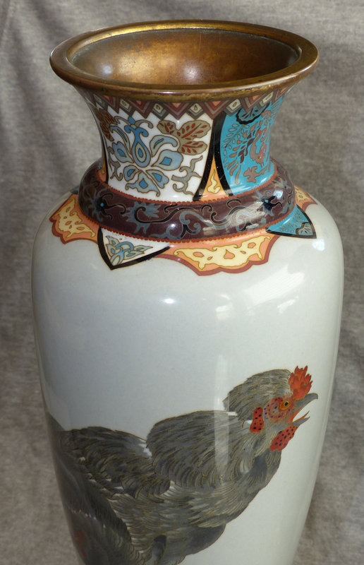 Rare Exquisite Japanese Cloisonne Enamel Vases - Roosters